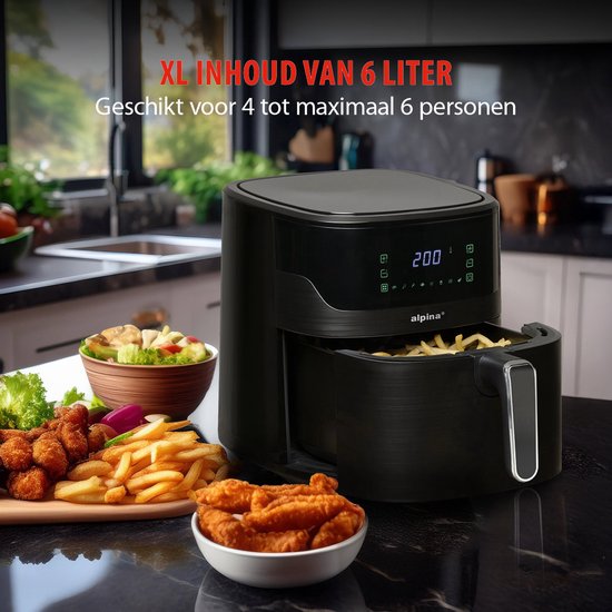 Alpina Airfryer XL - Friteuse à air chaud 6 L - Air Fryer pour 2 à 5 personnes - Four à air chaud avec écran tactile numérique - Température réglable de 80 à 200 degrés - Fonction minuterie - 8 programmes de cuisson