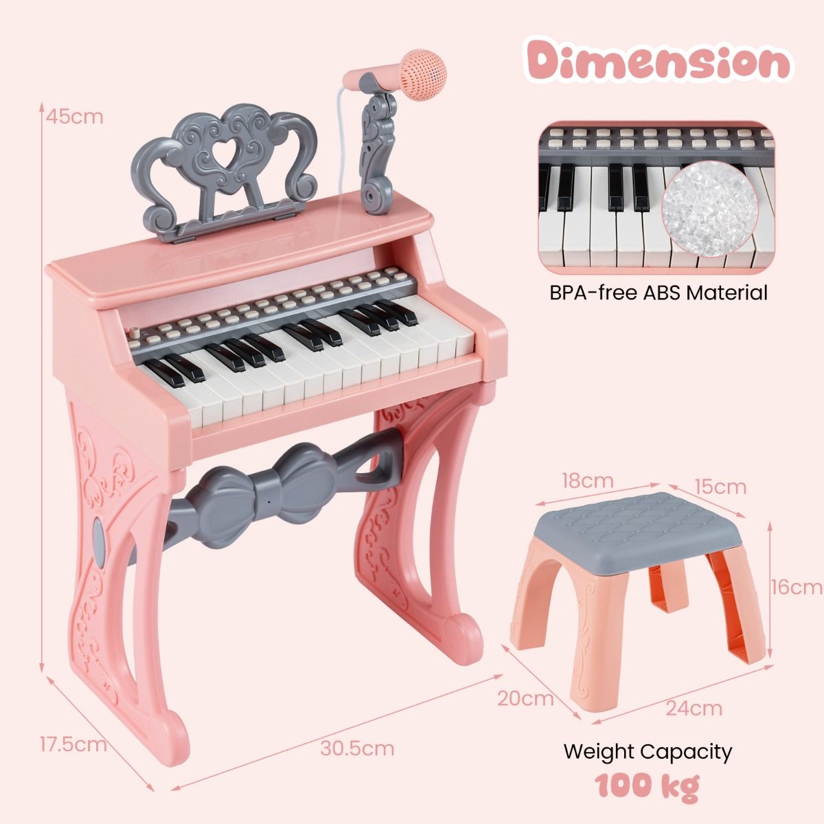 Piano-clavier pour enfants Coast - 25 touches - avec tabouret, pupitre et micro - rose et gris