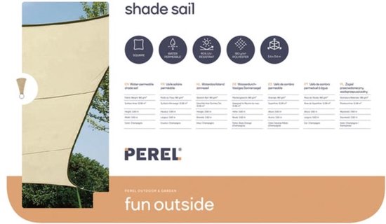 Perel Toile d'ombrage, perméable à l'eau, perméable à l'air, 3,6 x 3,6 m, 180 g/m², HDPE, carré, champagne