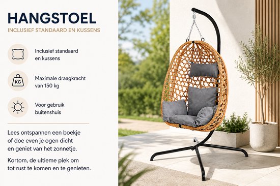Fauteuil suspendu avec support et coussins – Fauteuil suspendu de jardin haut de gamme pour l'extérieur – Capacité de charge de 150 kg – 103 x 105 x 195 cm