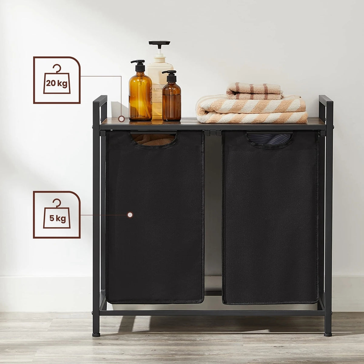 Panier à linge JOYFURNOS à 2 compartiments - 2 x 46 litres - 73 x 33 x 72 cm - Marron-noir vintage