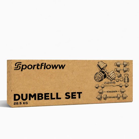 Sportfloww Dumbbells 28,5 kg – Ensemble d'haltères – Ensemble de poids comprenant un kettlebell, une barre d'haltères, une barre EZ et un rouleau abdominal – Haltères réglables