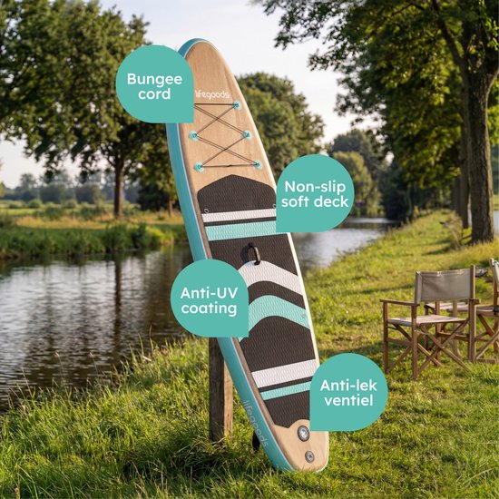 LifeGoods PaddlePro SUP Board - Planche à pagaie gonflable - Ensemble complet - Max. 150KG - 320x81cm - Bois/Vert Menthe