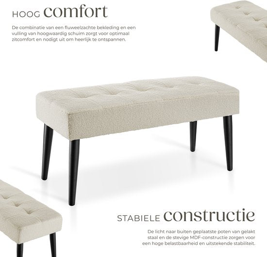 Banc rembourré tectake® - 95 x 38 x 45 cm - Motif de surpiqûres - Capacité de charge : 220 kg - Banc d'assise - Banc d'entrée - Banc pour salon, chambre à coucher, couloir - Bouclé crème