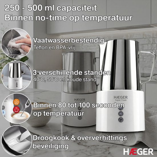 Mousseur à lait électrique Haeger Super Foam - Sans BPA ni PFAS - Fonction de maintien au chaud et revêtement antiadhésif - 250 ml - 600 W - Mousseur à lait pratique - Batteur à lait - Blanc