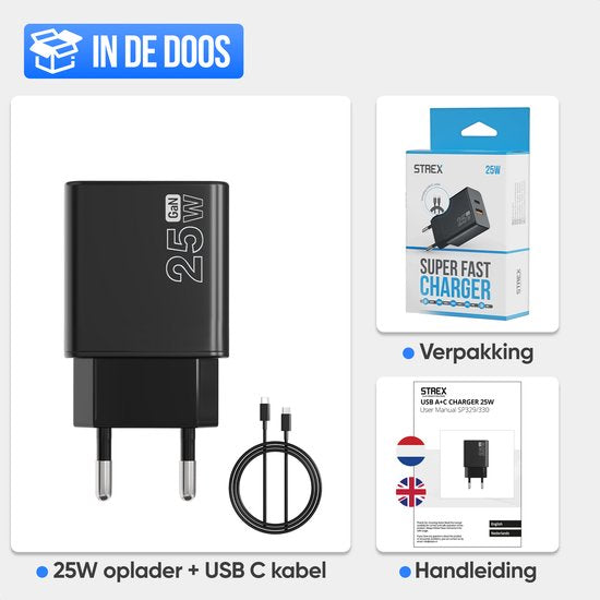 Strex USB-C & USB-A Fast Charger 25W - Chargeur GaN avec PD 3.0 & QC 3.0 - Câble USB-C inclus - Noir