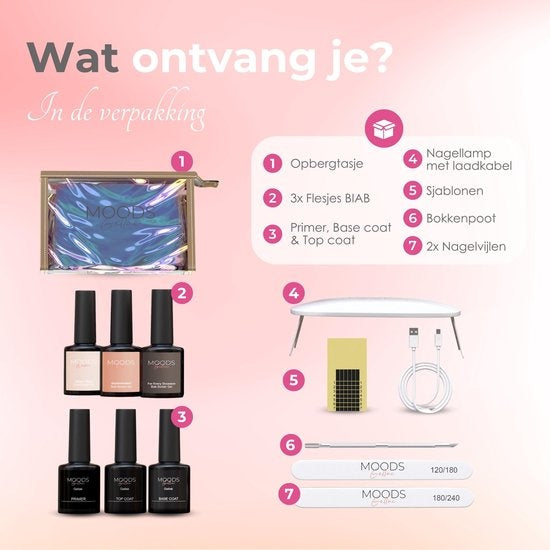 Moods Gellac BIAB Kit pour ongles - Vernis à ongles BIAB - Comprend une lampe UV/LED, un bâton, une lime à ongles, un primer, une base et un top coat.