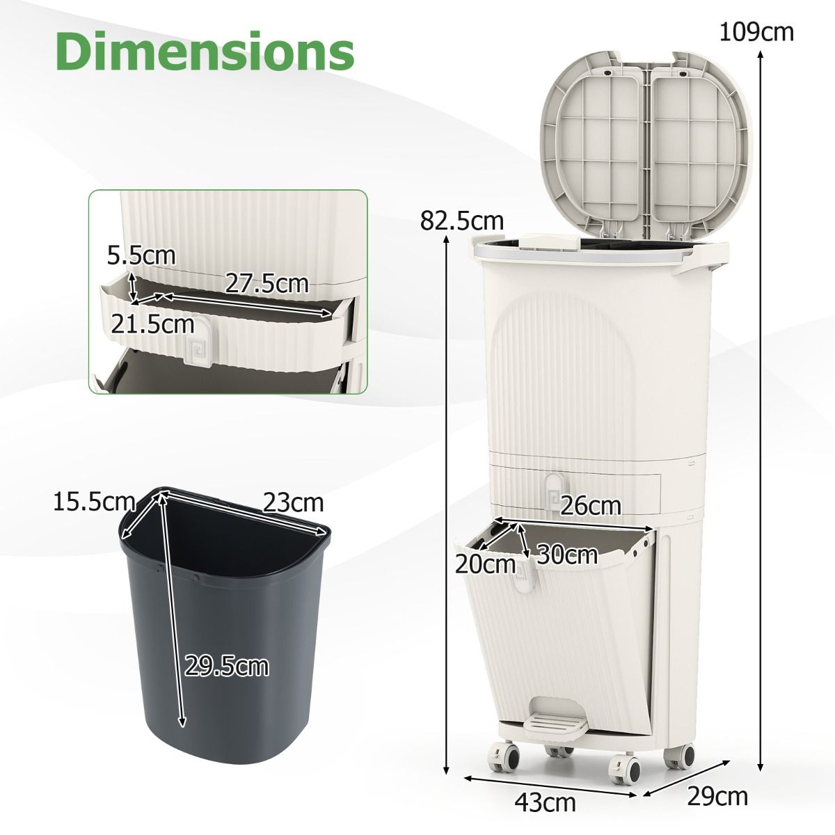 Poubelle de cuisine Coast - Tri sélectif à 3 compartiments - pédale et roulettes - beige/blanc - 42 litres