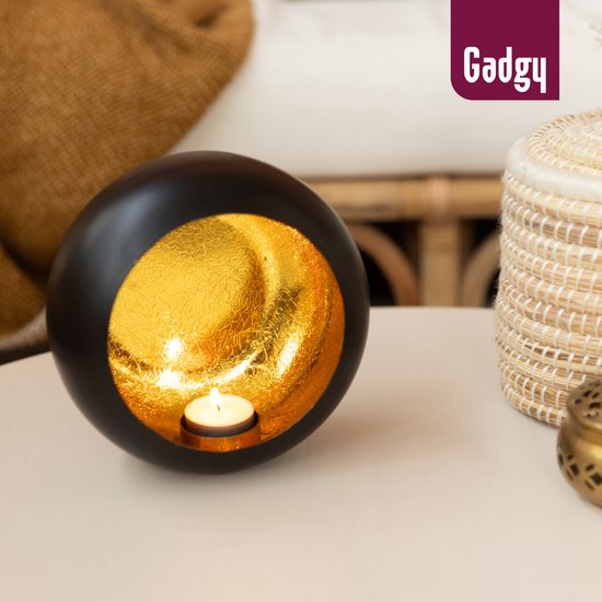 Gadgy Porte-lampions rond - Porte-lampions - Décoration de Noël Salon - Lumière d'ambiance à l'intérieur - Porte-bougies pour bougies 17x17 cm - Lampe à vent en métal - Noir/Or - Cadeau pour femme