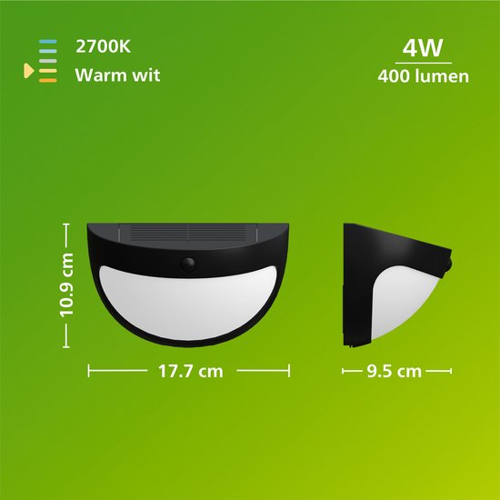 Applique murale Philips Swyn Solar - Énergie solaire - Lumière blanc chaud : 2700 K - Noir - Deux modes d'éclairage - Capteur crépusculaire - Détecteur de mouvement - IP44 : résistante aux intempéries - Éclairage extérieur solaire