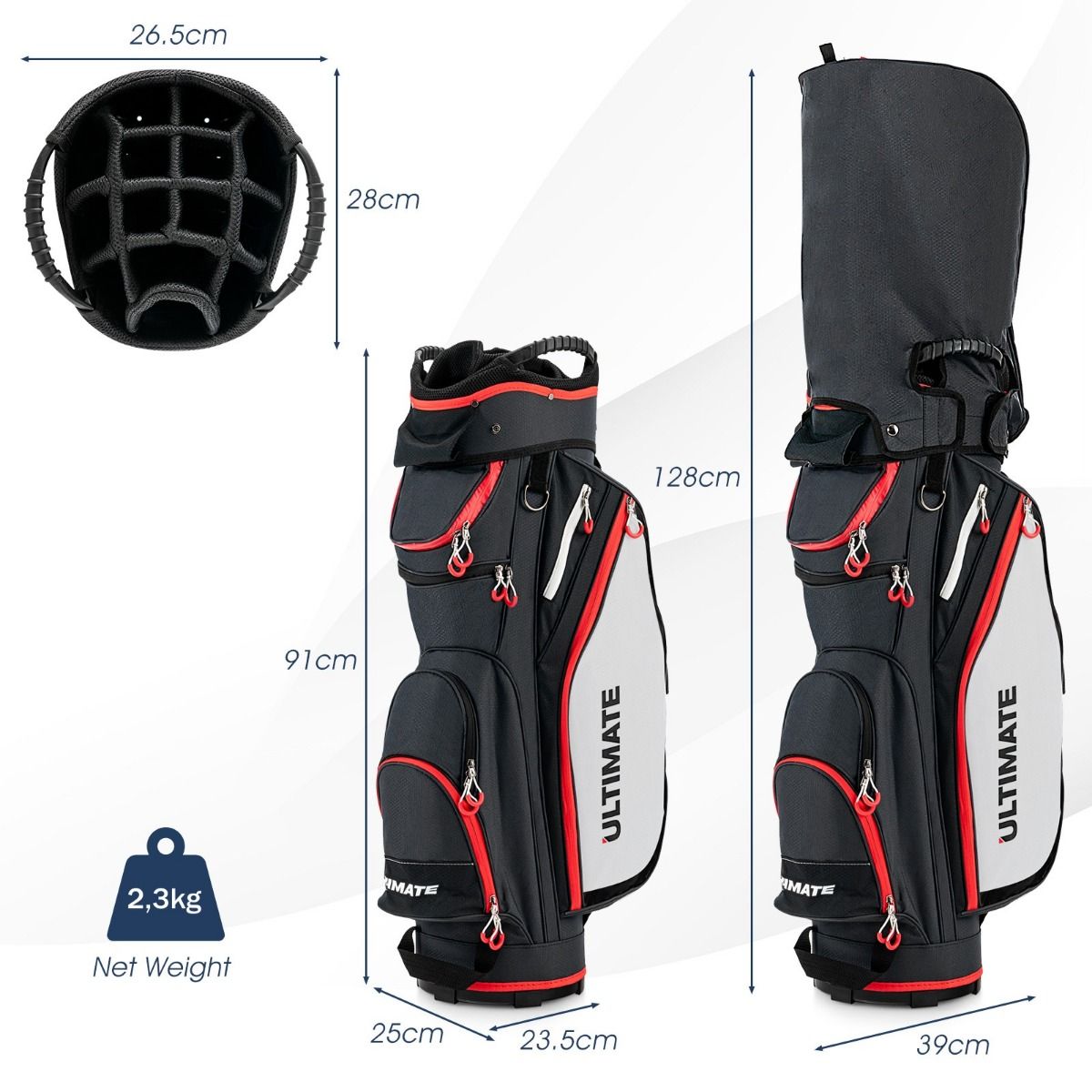 Sac de golf Coast avec housse de pluie - 14 compartiments - léger - rouge et noir