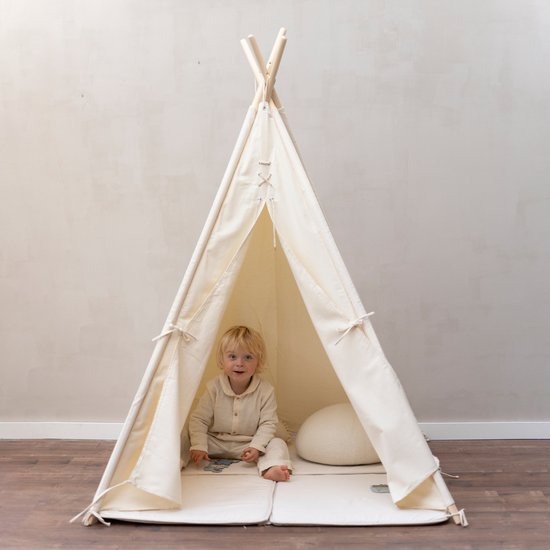 Sunny Alba Tente Tipi Crème/Blanc pour enfants - Tente de jeu Wigwam avec fenêtres en coton - Tente Tipi enfants avec Coussin Tapis - 120x120x160cm - Bâtons en bois FSC