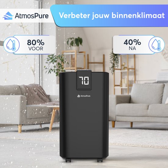Déshumidificateur AtmosPure® AirDry Elite - 12 L par jour - Fonction « lavage-séchage » - Purificateur d'air idéal pour la buanderie, la salle de bains, le salon et la cave - Noir - Déshumidificateur