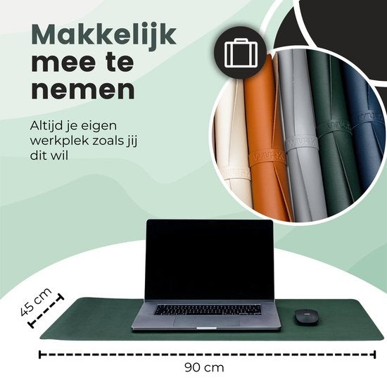 WURK - Sous-main professionnel en similicuir - Accessoires de bureau - Tapis de souris XXL- Avec attache-câble - 90x45 - Vert foncé