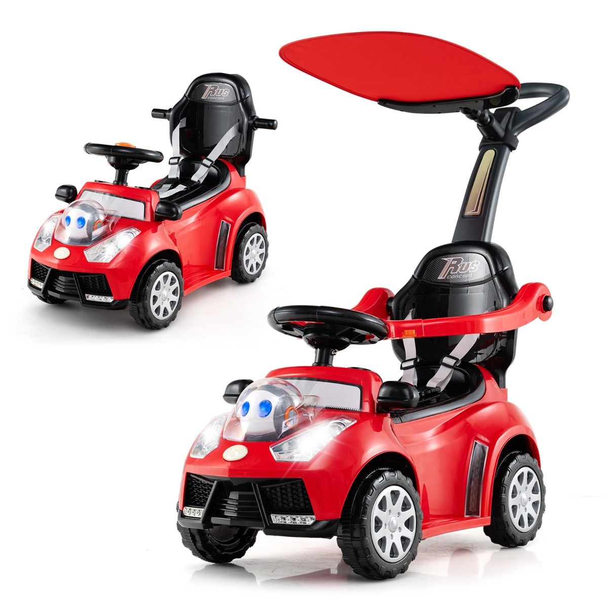 Voiture à roulettes 3-en-1 Coast avec poignée de poussée - compartiment de rangement - pare-soleil réglable - rouge