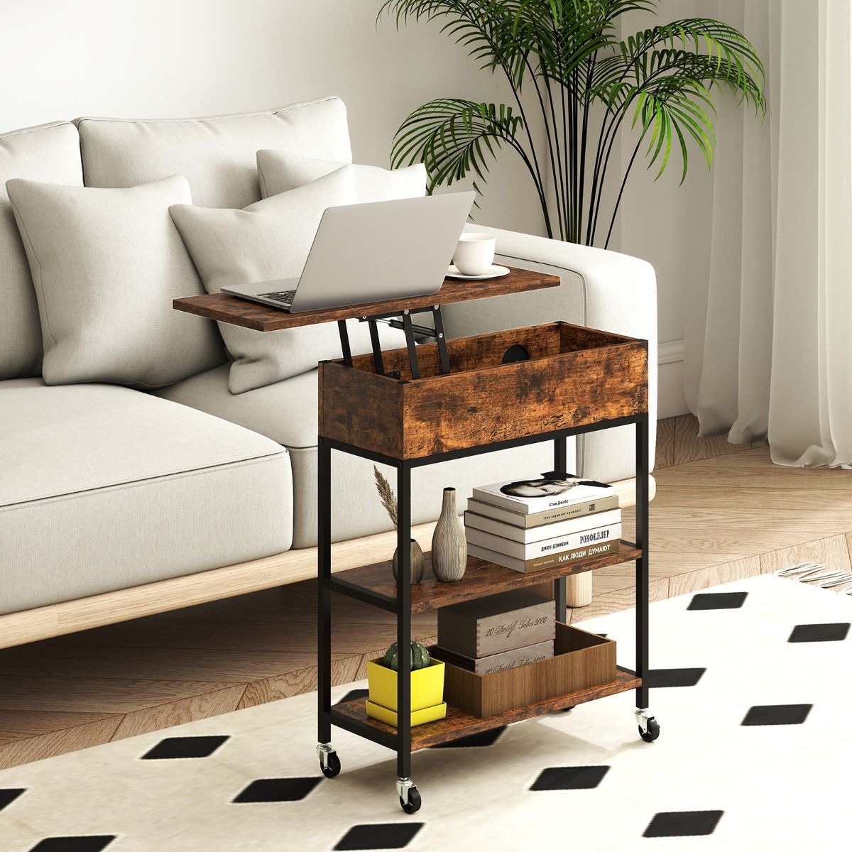 Table d'appoint Coast avec plateau rabattable - Station de recharge et espace de rangement dissimulé - Brun rustique et noir