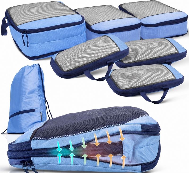 Lot de 7 cubes de rangement - avec système de compression pour valise et sac à dos, sac de rangement inclus, Mariner's Azure - Bleu