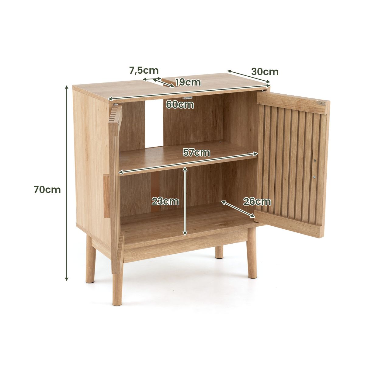 Meuble de salle de bains Coast sous-lavabo - 2 portes à lamelles - pieds en pin - aspect naturel - 60 x 30 x 70 cm