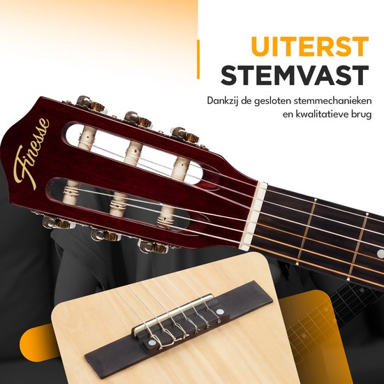 Guitare acoustique Finesse - avec cours vidéo - Cordes en nylon - Guitare classique - Guitare espagnole - Enfants - Adultes - Naturel
