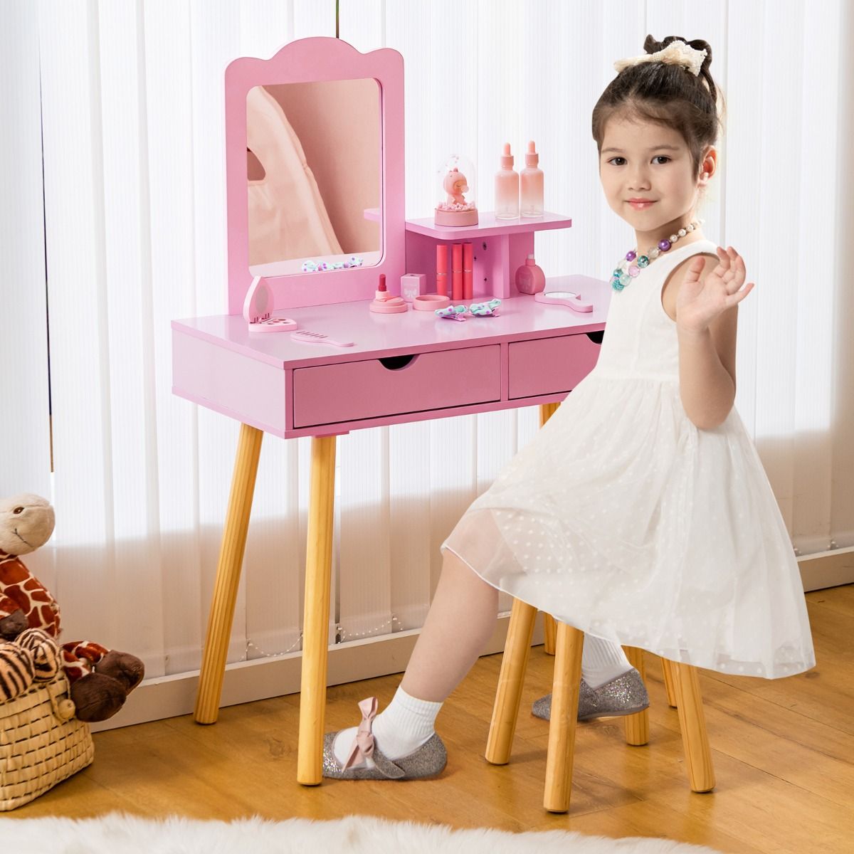 Coast Coiffeuse pour enfants - 2-en-1 avec miroir amovible - deux tiroirs et un tabouret en bois - rose