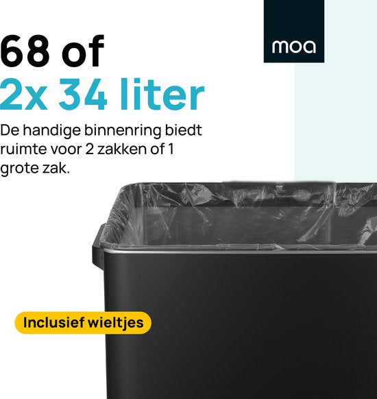 MOA Poubelle avec capteur - 68 litres - Poubelle - Acier inoxydable et ABS durable - Antidérapant - Couvercle silencieux - Mode de fermeture différée - Noir - SB03B