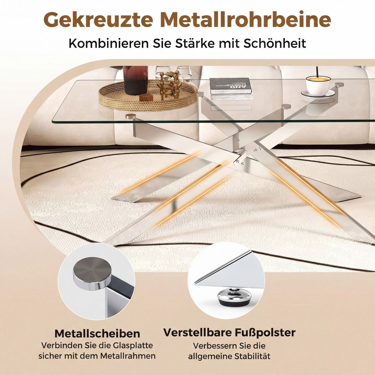Table basse Coast - verre trempé - design moderne - argent 120 x 60 x 45,5 cm