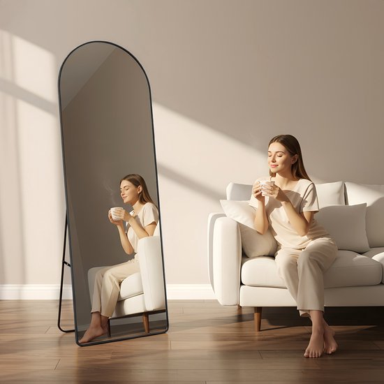 Miroir Fraay 160 x 55 cm - À poser ou à accrocher - Verre trempé - Miroir mural minimaliste - Miroir sur pied - Noir