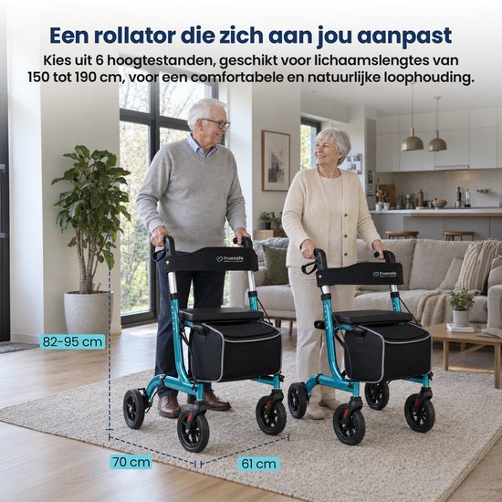 Rollator TrueSafe léger et pliable (6,9 kg) - Pour l'intérieur et l'extérieur - Avec coussin d'assise ergonomique, éclairage, dossier, support pour canne et bien plus encore - Bleu