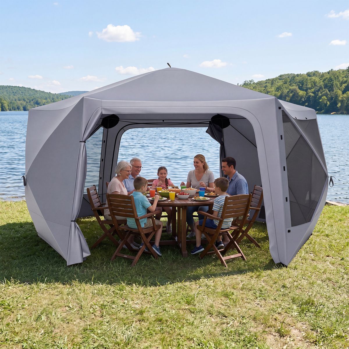 Pavillon de jardin éphémère Coast - hexagonal - avec 6 parois latérales et des moustiquaires - gris 427 x 427 cm
