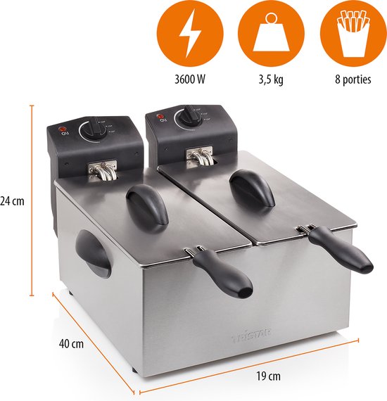 Friteuse Tristar 6 litres - FR-6937 - Friteuse double 2 x 1 800 W - Cuves à commande indépendante, zone froide - Acier inoxydable