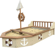 Bac à sable AXI Doris en forme de bateau avec banc de rangement, couleur beige – Drapeau et barre en bois – Bâche de protection et toile de sol incluses – Garantie de 10 ans !