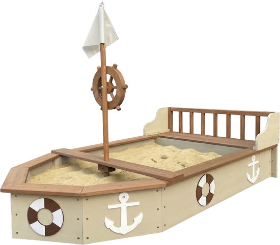 Bac à sable AXI Doris en forme de bateau avec banc de rangement, couleur beige – Drapeau et barre en bois – Bâche de protection et toile de sol incluses – Garantie de 10 ans !