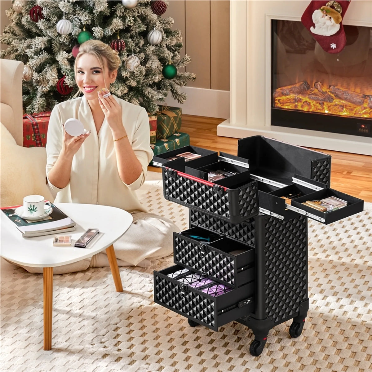 Yaheetech Valise de maquillage à roulettes - 2 tiroirs, poignée extractible et décoration en forme de diamant - Pour esthéticiennes et prothésistes ongulaires - Métal noir et MDF - 34,5 x 24,5 x 58 cm