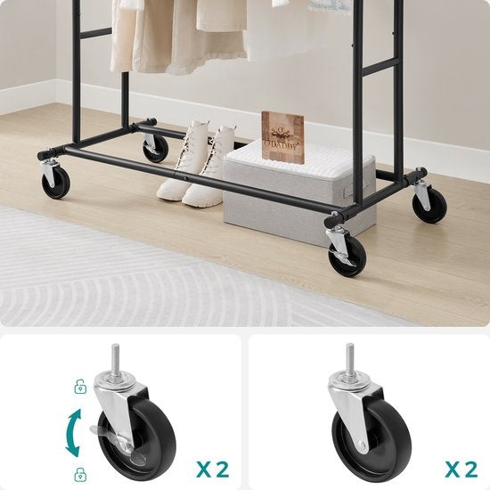 Porte-vêtements O'DADDY® sur roulettes - Portemanteau - Tringle à vêtements - Réglable et extensible - Roulettes industrielles - Métal - Stable jusqu'à 110 kg - Noir