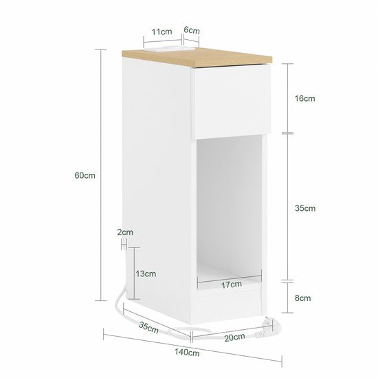 SoBuy Table de nuit mince avec station de charge, table d'appoint étroite avec prise standard, port USB et port Type-C pour chambre et salon, L20 x P35 x H60 cm, blanc, FBT111-E-WN