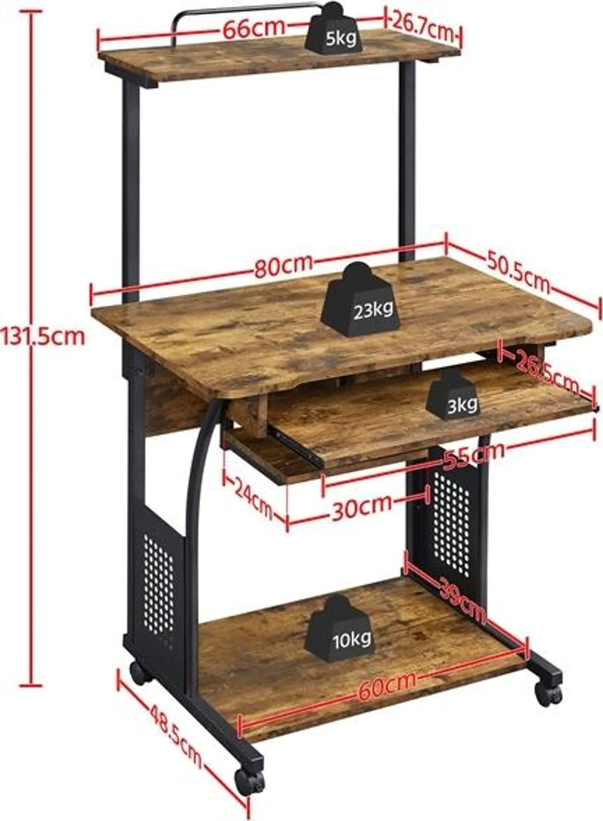 Bureau d'ordinateur Yaheetech avec étagères de rangement et roulettes - 80,5 x 60 x 132 cm - Marron rustique
