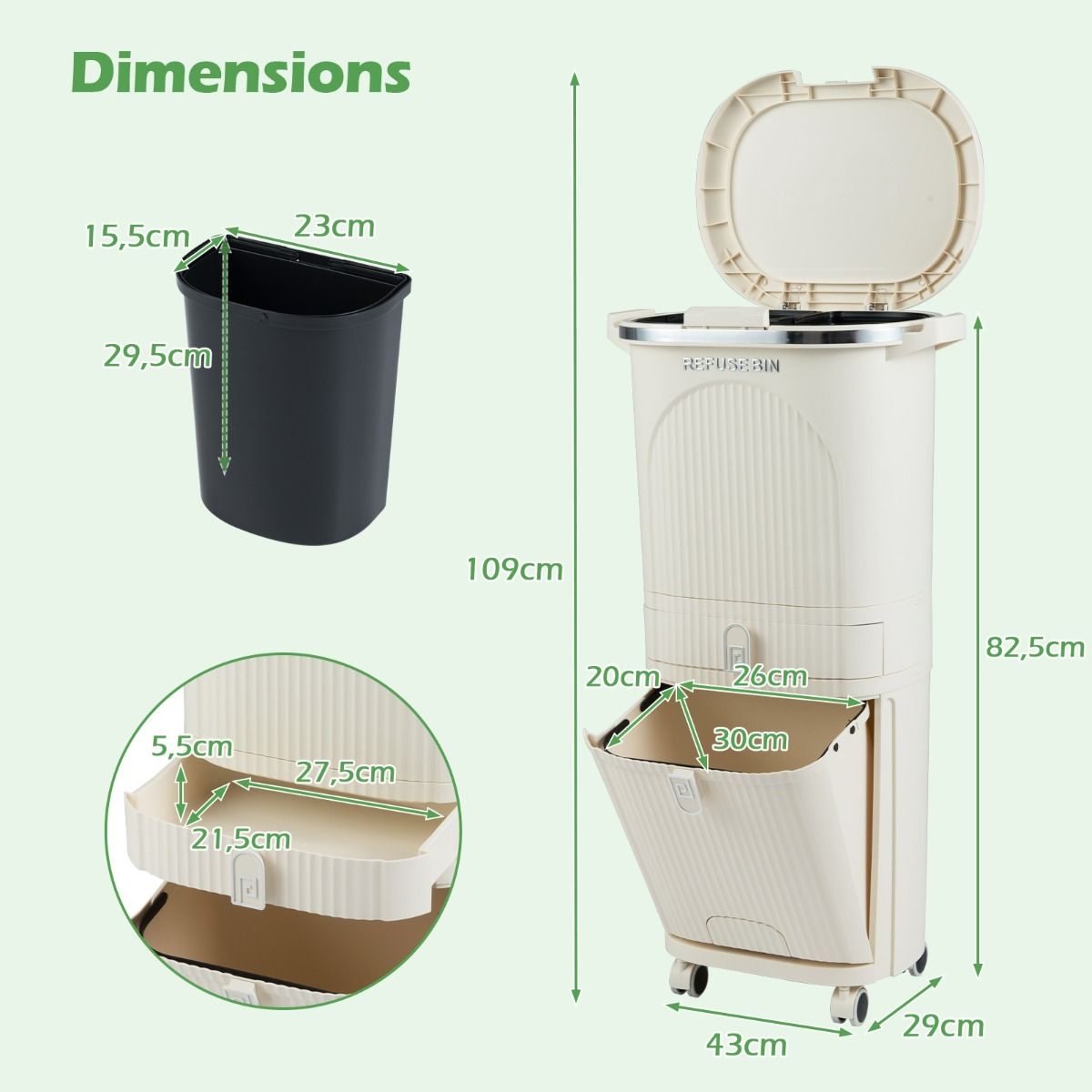 Poubelle de tri sélectif Coast - 3 compartiments - tiroir coulissant - pédale - beige - 42 litres