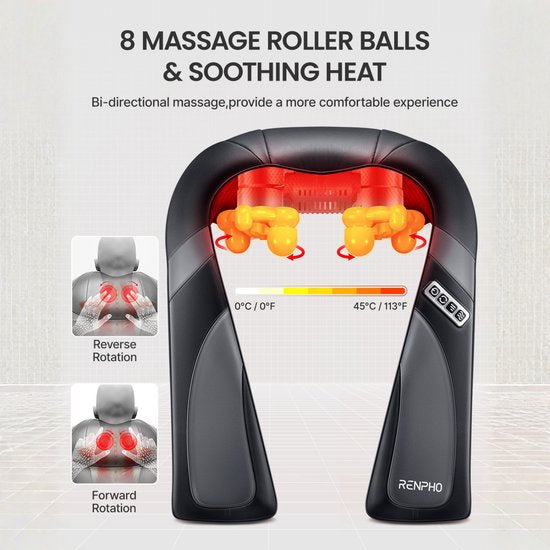 Appareil de massage RENPHO U-Neck Go Shiatsu pour la nuque et les épaules - Fonction chauffante - Convient à différentes parties du corps - Noir