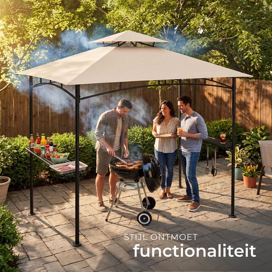 Pavillon barbecue tectake® - Abri pour barbecue - 240 x 150 x 250 cm - Pavillon de jardin - Résistant aux intempéries - Protection UV - Système à double toit - Gazebo avec crochets de suspension, grilles et décapsuleur - Pavillon de barbecue - Couleur sab