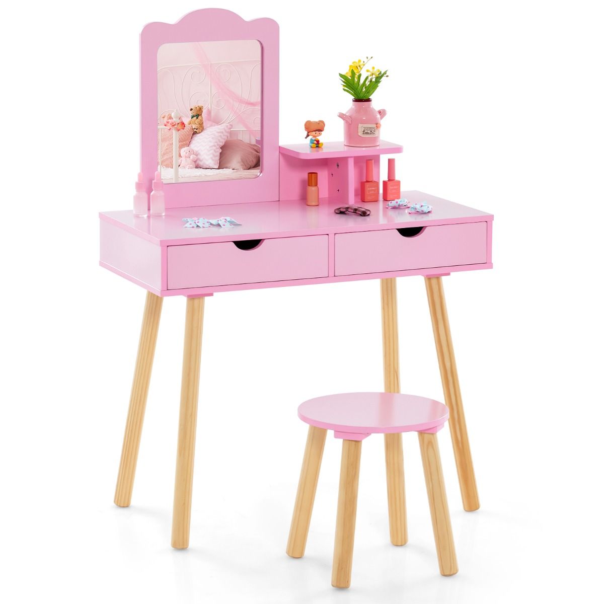 Coast Coiffeuse pour enfants - 2-en-1 avec miroir amovible - deux tiroirs et un tabouret en bois - rose