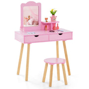 Coast Coiffeuse pour enfants - 2-en-1 avec miroir amovible - deux tiroirs et un tabouret en bois - rose