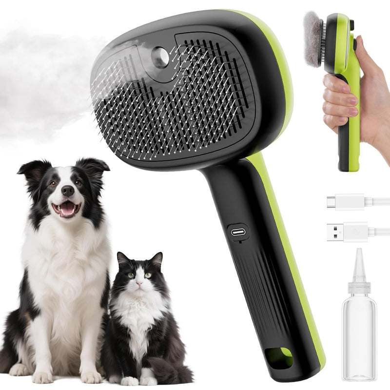 Brosse à vapeur Pecute pour animaux de compagnie, réservoir d'eau de 55 ml, autonettoyante en un clic, brosse de toilettage en acier inoxydable rechargeable par USB pour chats et chiens, verte
