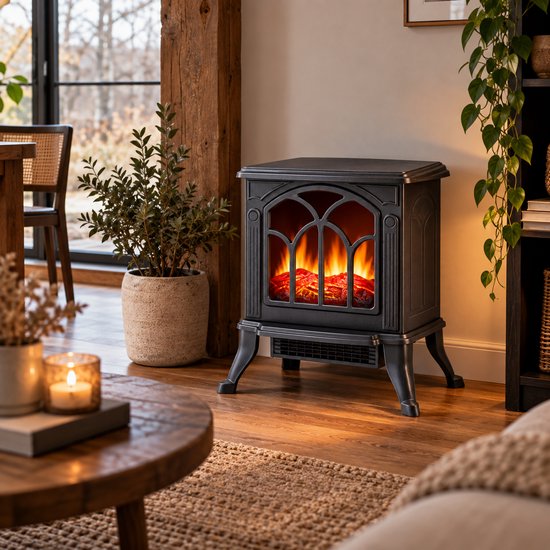 Foyer décoratif électrique Alpina - Poêle électrique décoratif - Foyer avec effet de flammes réaliste - Thermostat réglable - Protection contre la surchauffe - 1 500 W - Noir - 39 x 25 x 54 cm