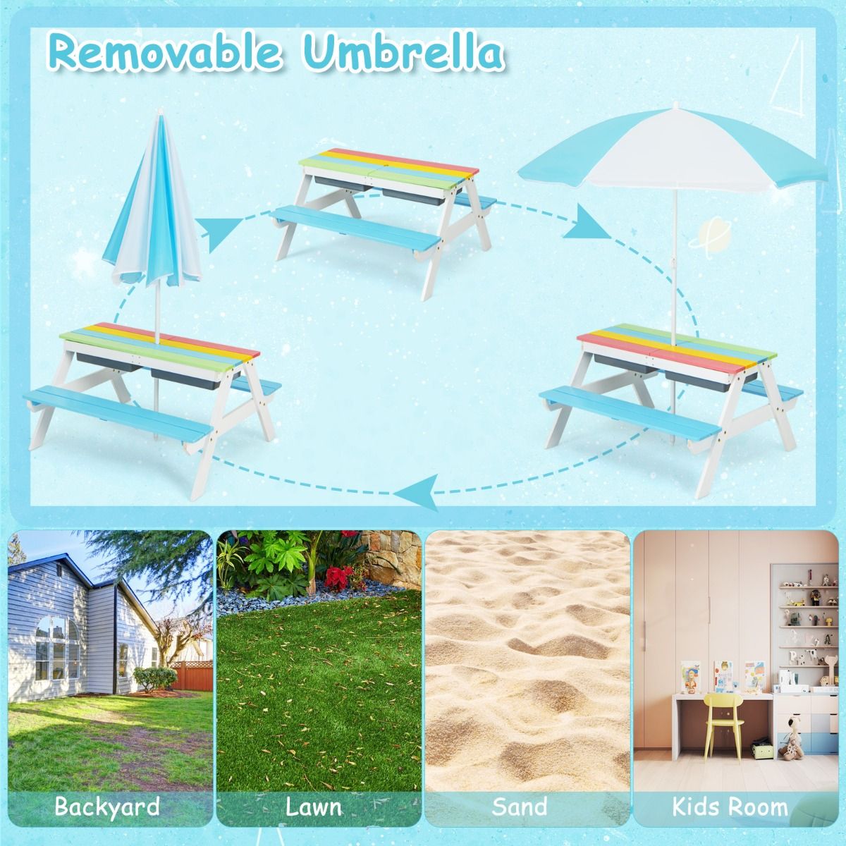 Ensemble de table de pique-nique pour enfants Coast 3-en-1 - avec parasol et bancs - multicolore