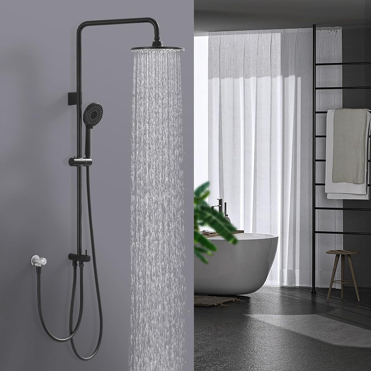 Ensemble de douche à effet pluie Homelody sans robinet - Douchette à main à 4 positions - Douche de tête 9 pouces - Hauteur 101,4 cm - Acier inoxydable - Noir mat