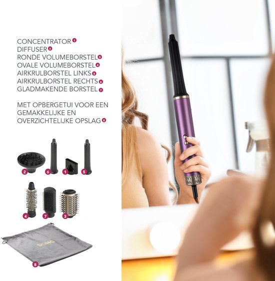 DOMO DO54782HS Airstyler 7-en-1 - Brosse soufflante - Multistyler - Brosse à boucler - Brosse lissante - Sèche-cheveux avec 7 embouts - Violet/Or
