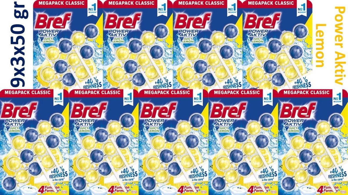 Bref WC Power Active Lemon Toilet Blocks - Jaune - 9 x 3 x 50g - XXXL Advantage Pack - 4-in-1 Active Cleaning - Ø 4.5 cm par cube