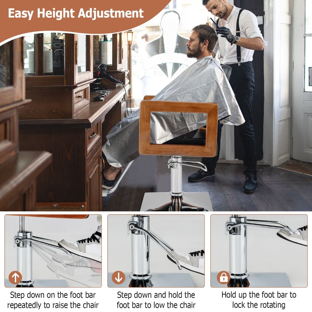 Fauteuil de coiffure hydraulique Coast - pivotant à 360° - réglable en hauteur - accoudoirs en bois massif - noir
