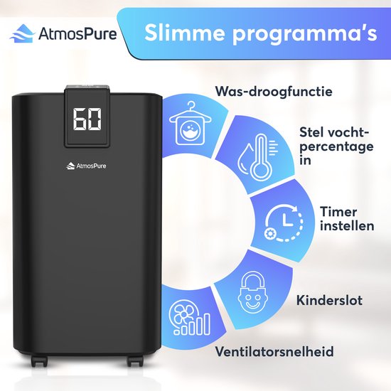 Déshumidificateur AtmosPure® AirDry Elite - 12 L par jour - Fonction « lavage-séchage » - Purificateur d'air idéal pour la buanderie, la salle de bains, le salon et la cave - Noir - Déshumidificateur