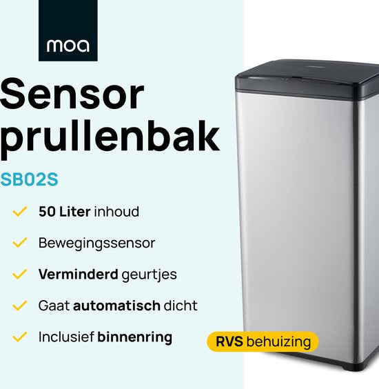 MOA Sensor Trash Can 50 Liter - Silent Lid - Delayed Close Mode - Stainless Steel & Durable ABS - Waste Bin - Garbage Can - Silver